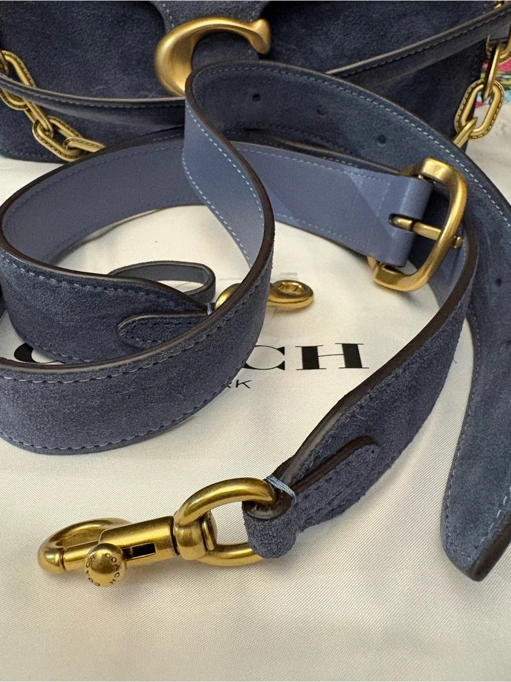 Coach Suede Chain Tabby Shoulder Bag in Navy with Gold Hardware